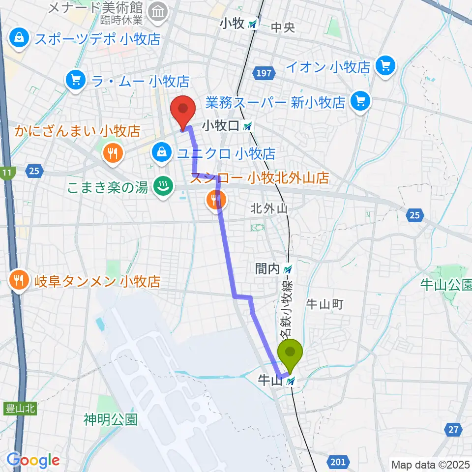 牛山駅からシンフォニア楽器 小牧店へのルートマップ地図