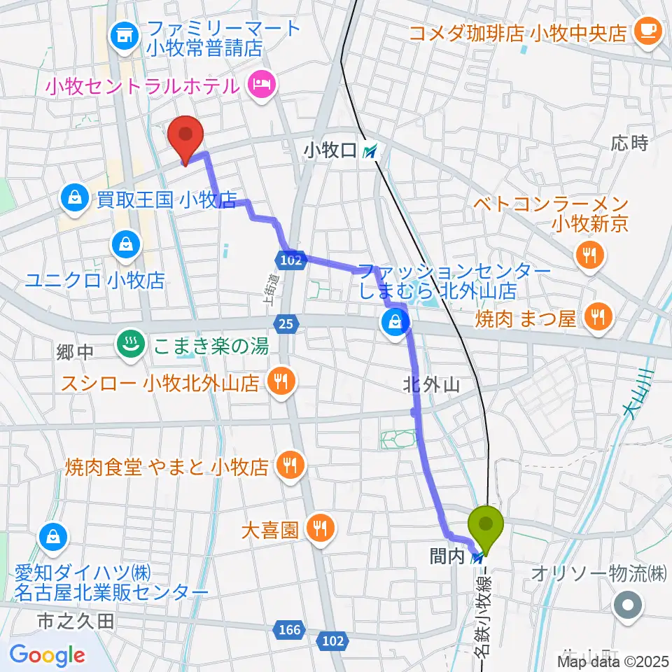 間内駅からシンフォニア楽器 小牧店へのルートマップ地図