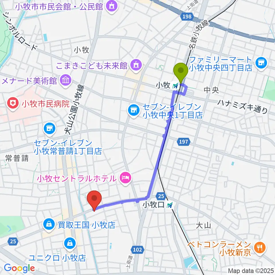 小牧駅からシンフォニア楽器 小牧店へのルートマップ地図