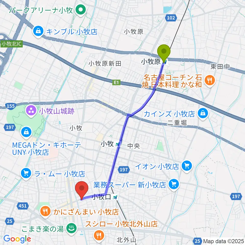 小牧原駅からシンフォニア楽器 小牧店へのルートマップ地図
