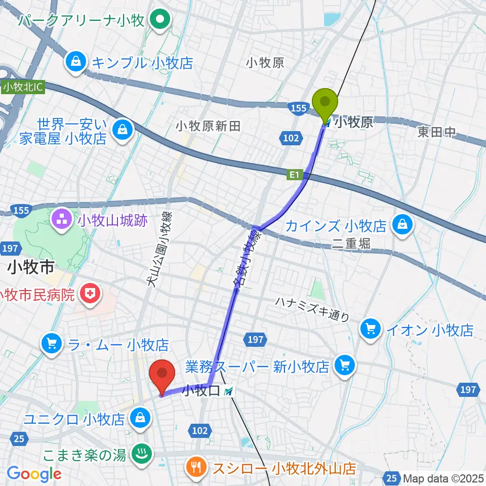 小牧原駅からシンフォニア楽器 小牧店へのルートマップ地図