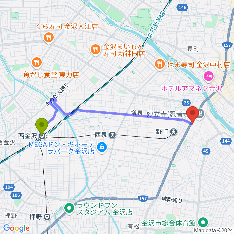 西金沢駅から金沢楽器へのルートマップ地図