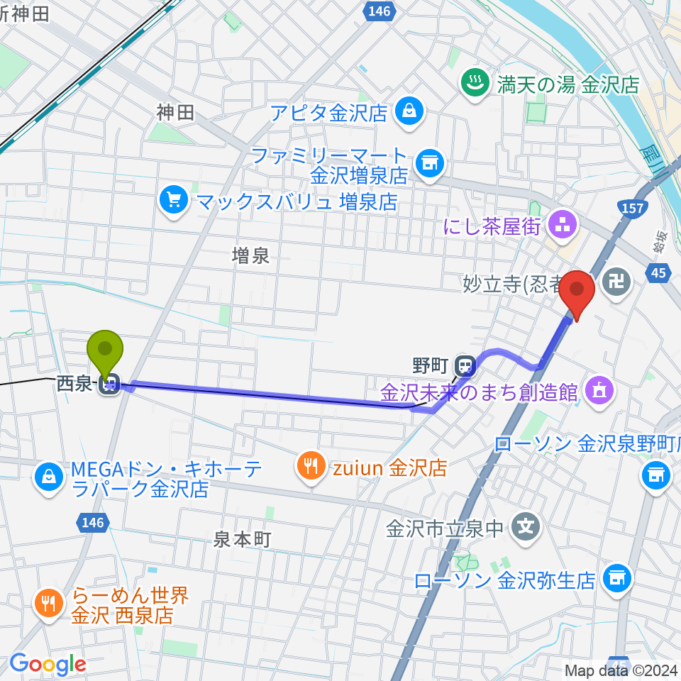 西泉駅から金沢楽器へのルートマップ地図