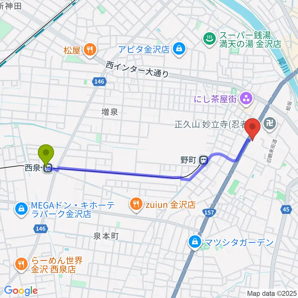 西泉駅から金沢楽器へのルートマップ地図