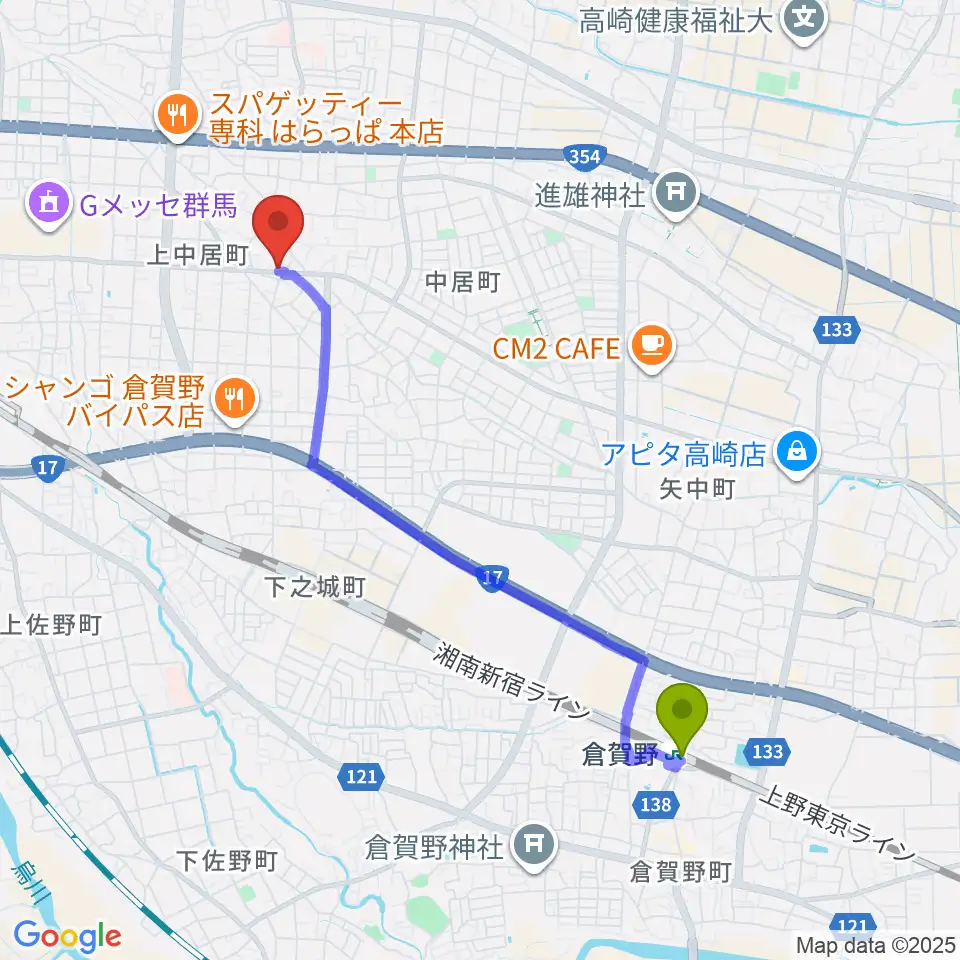 倉賀野駅からミュージカルボックスへのルートマップ地図