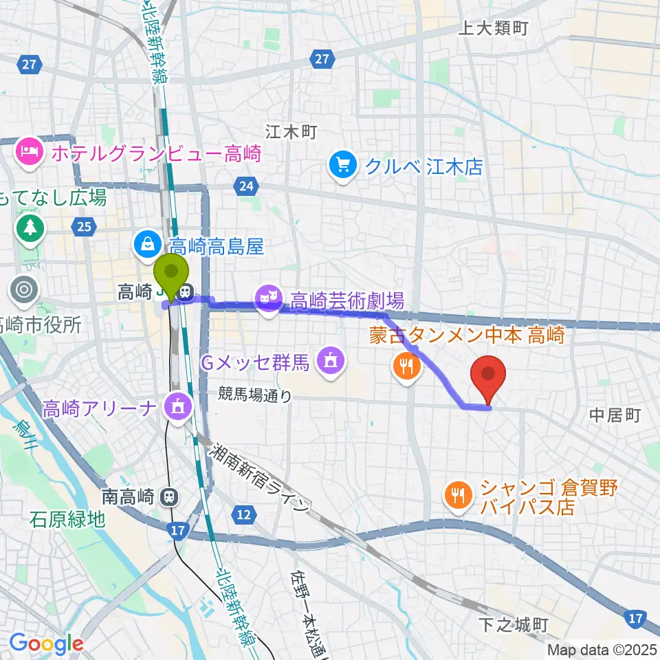 高崎駅からミュージカルボックスへのルートマップ地図