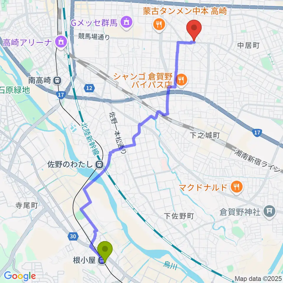 根小屋駅からミュージカルボックスへのルートマップ地図