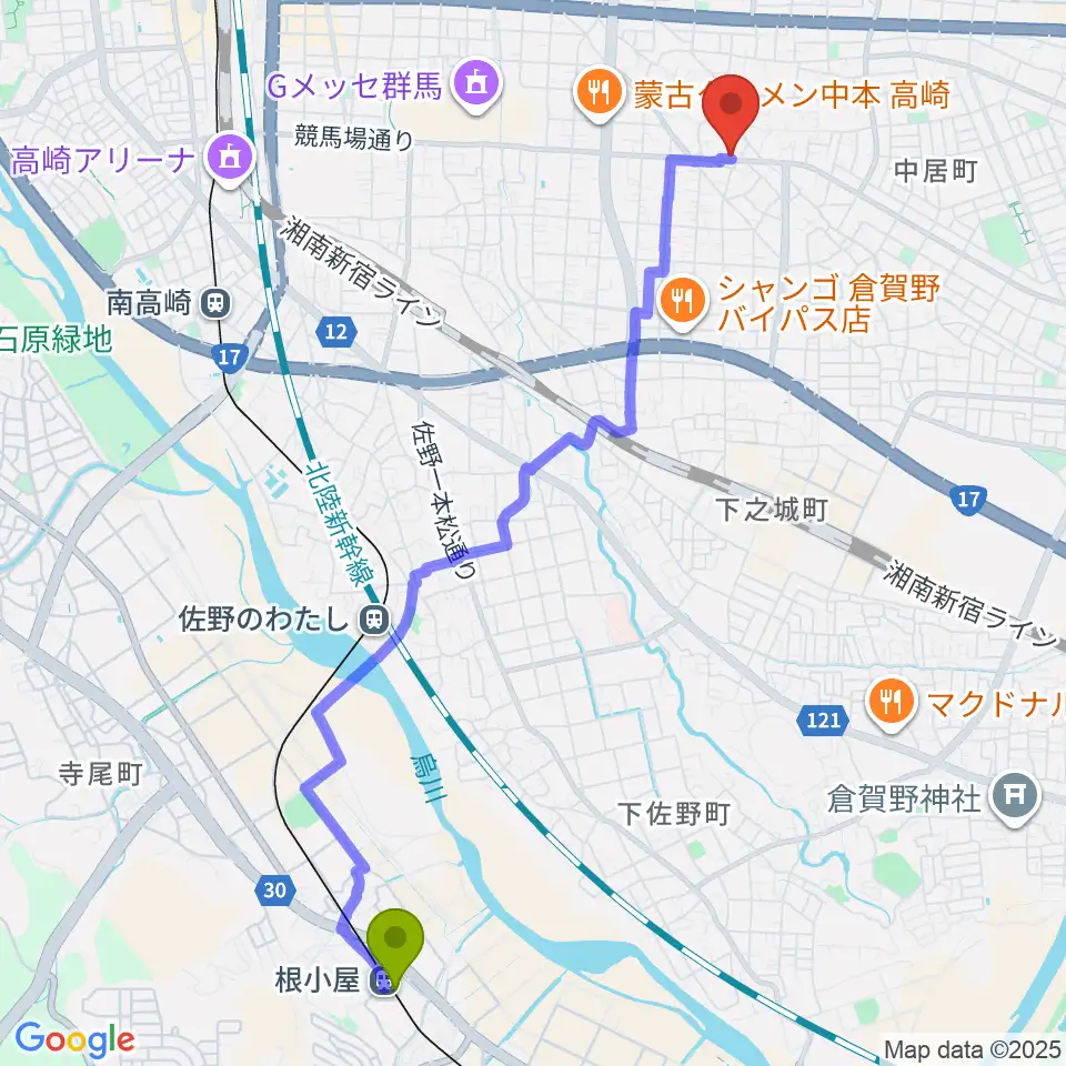 根小屋駅からミュージカルボックスへのルートマップ地図