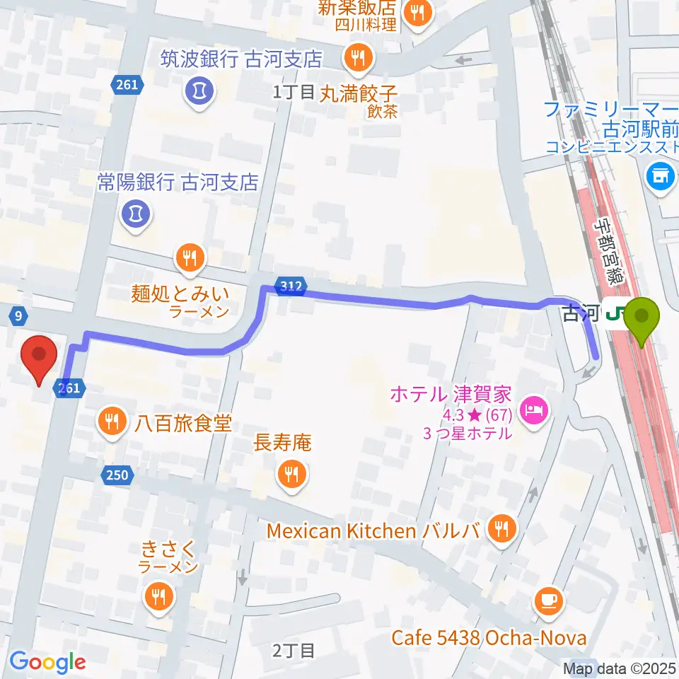 ギンゲツ楽器の最寄駅古河駅からの徒歩ルート（約7分）地図