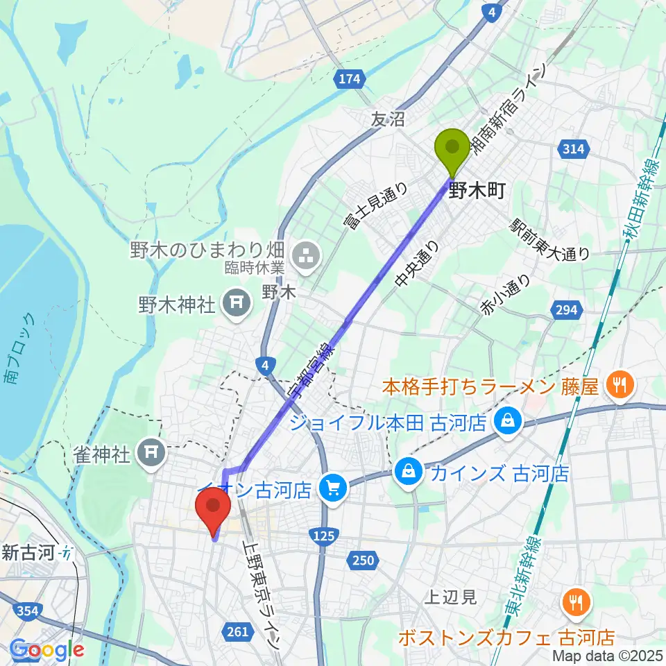野木駅からギンゲツ楽器へのルートマップ地図