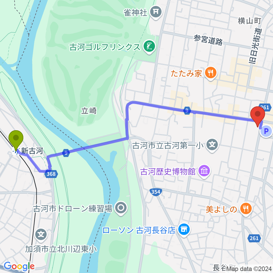 新古河駅からギンゲツ楽器へのルートマップ地図