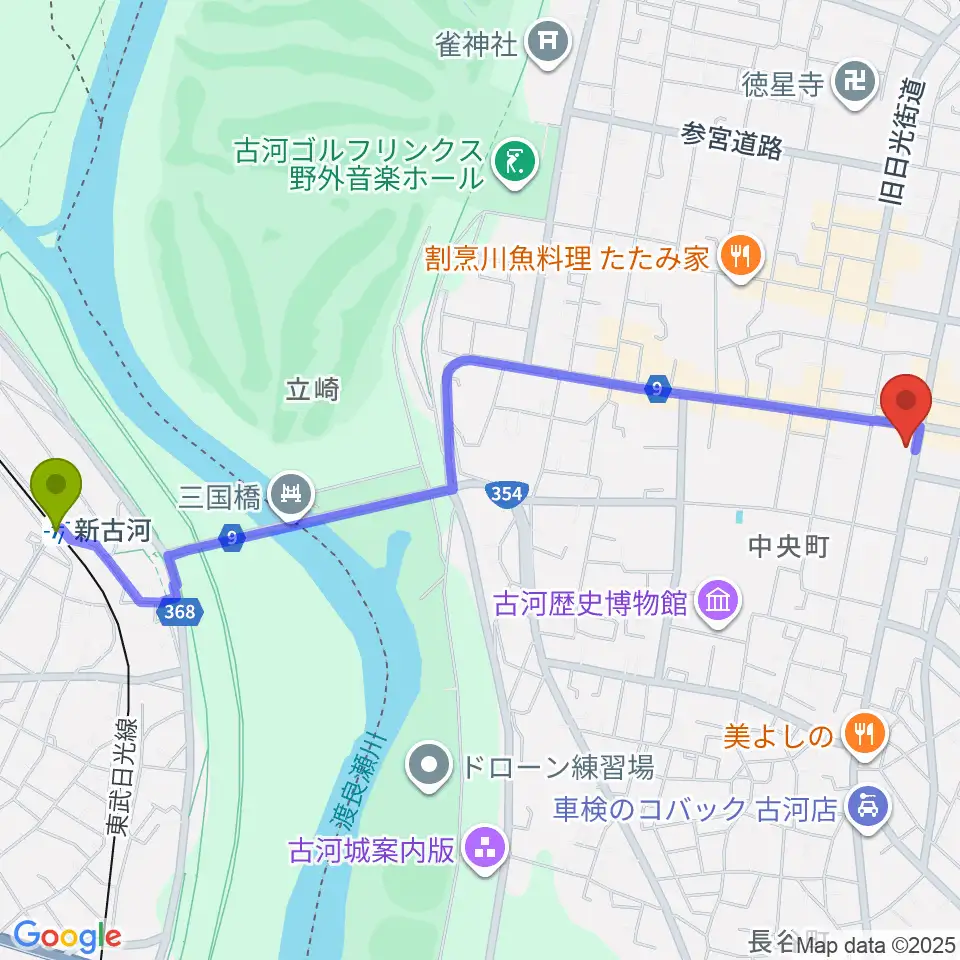 新古河駅からギンゲツ楽器へのルートマップ地図