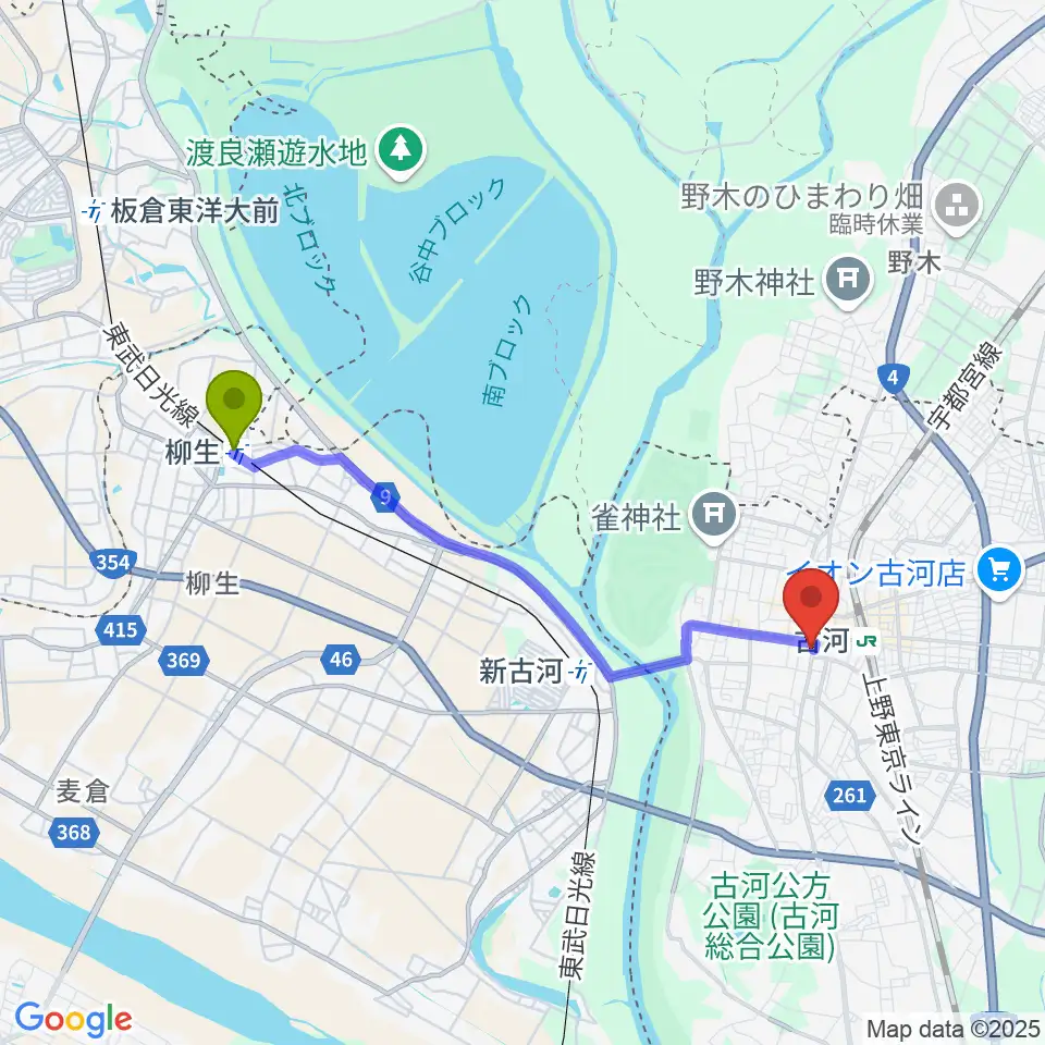 柳生駅からギンゲツ楽器へのルートマップ地図