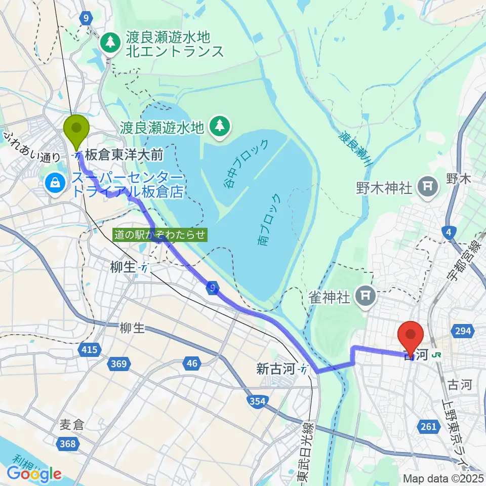 板倉東洋大前駅からギンゲツ楽器へのルートマップ地図