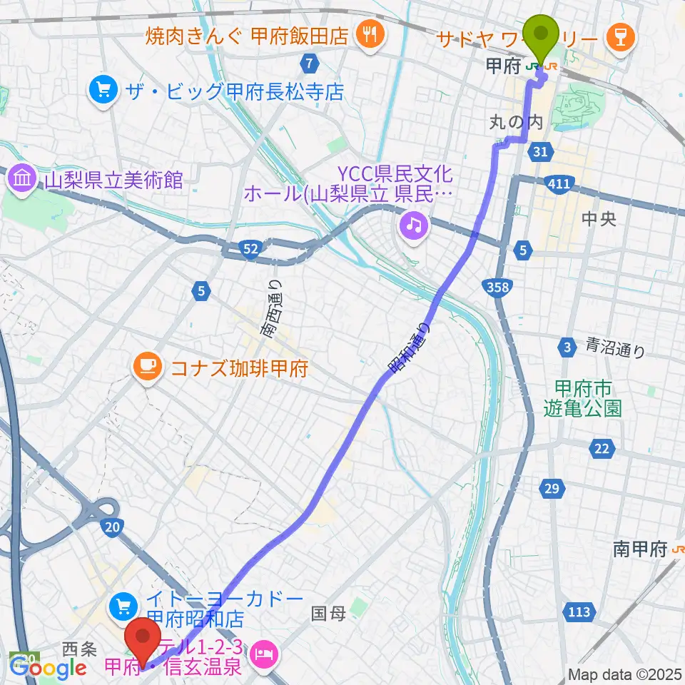 甲府駅からユニバーサルピアノへのルートマップ地図