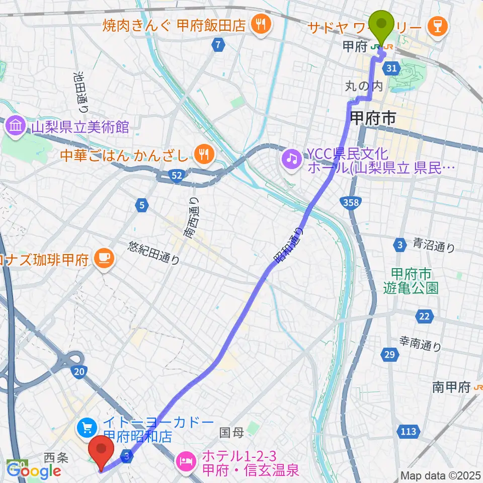 甲府駅からユニバーサルピアノへのルートマップ地図