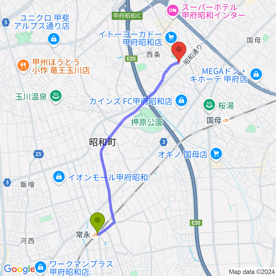 常永駅からユニバーサルピアノへのルートマップ地図