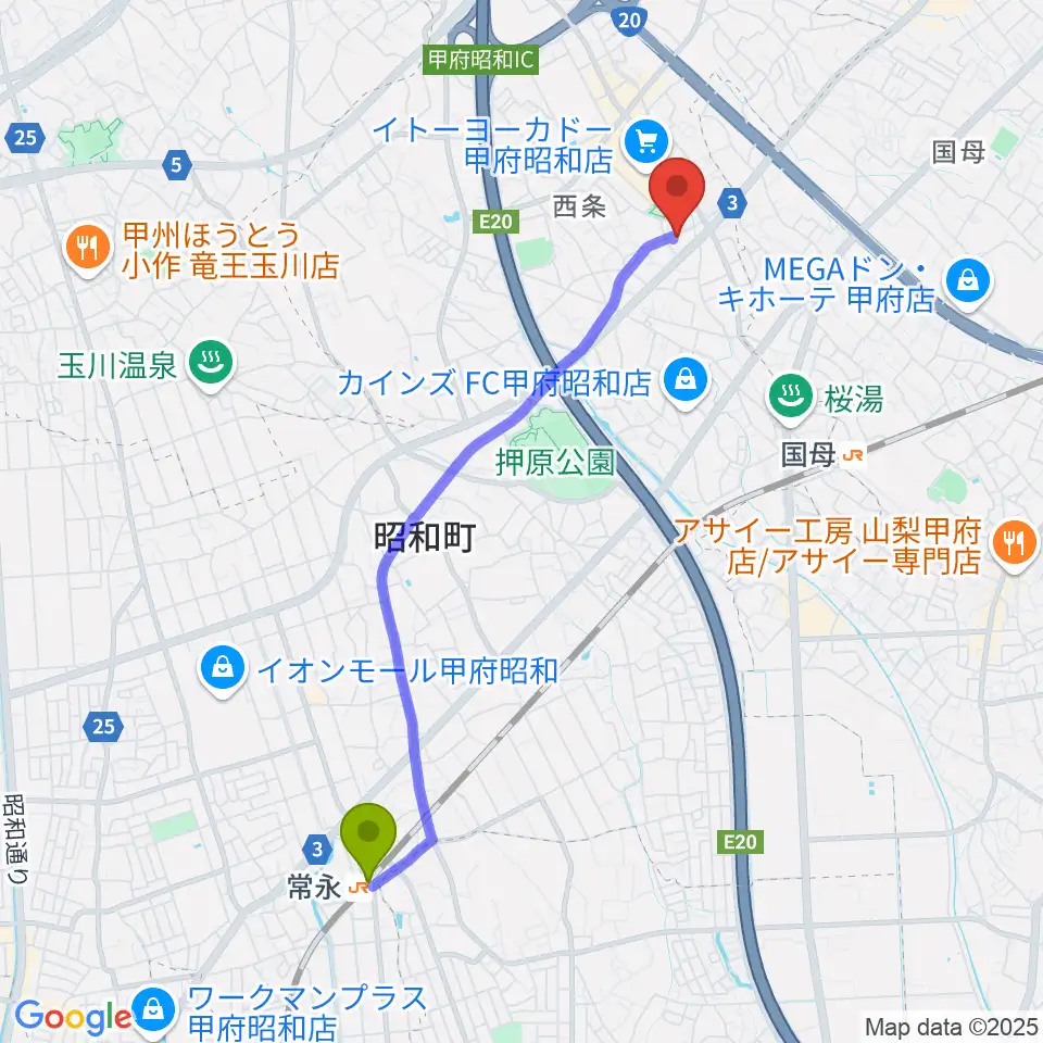 常永駅からユニバーサルピアノへのルートマップ地図