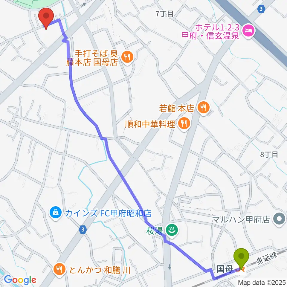 ユニバーサルピアノの最寄駅国母駅からの徒歩ルート（約17分）地図
