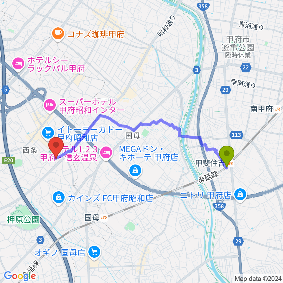 甲斐住吉駅からユニバーサルピアノへのルートマップ地図