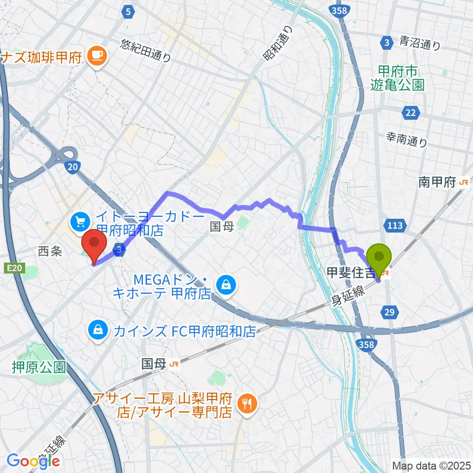 甲斐住吉駅からユニバーサルピアノへのルートマップ地図