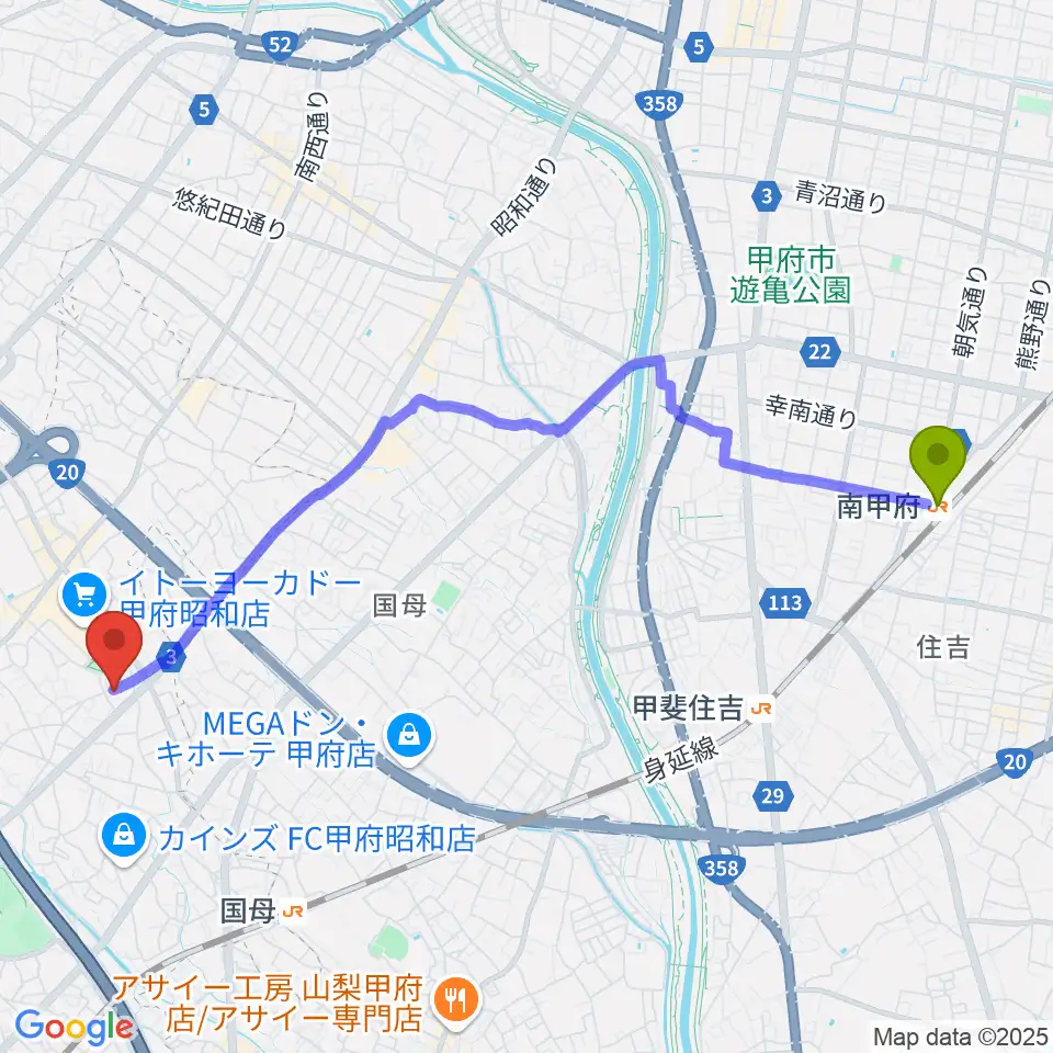 南甲府駅からユニバーサルピアノへのルートマップ地図