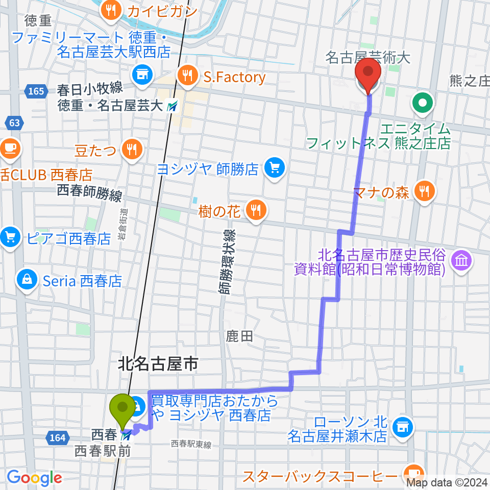 西春駅から名古屋芸術大学へのルートマップ地図