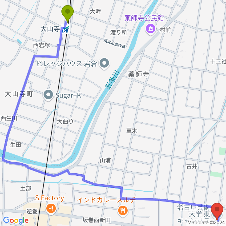 大山寺駅から名古屋芸術大学へのルートマップ地図