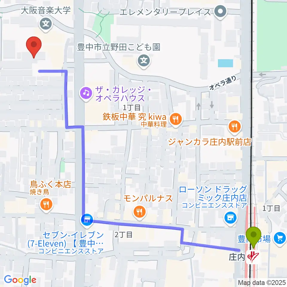 大阪音楽大学付属音楽院の最寄駅庄内駅からの徒歩ルート（約8分）地図