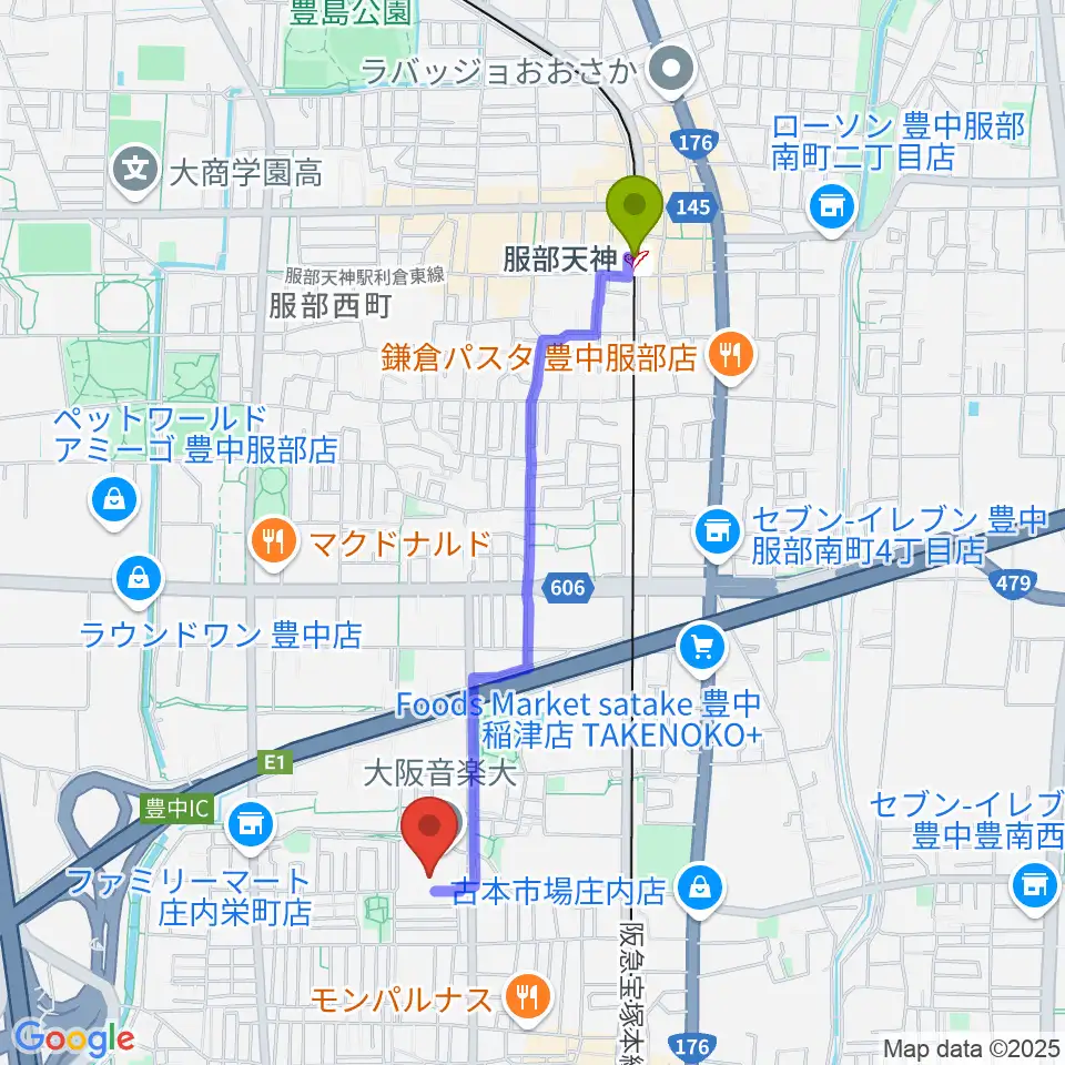 服部天神駅から大阪音楽大学付属音楽院へのルートマップ地図