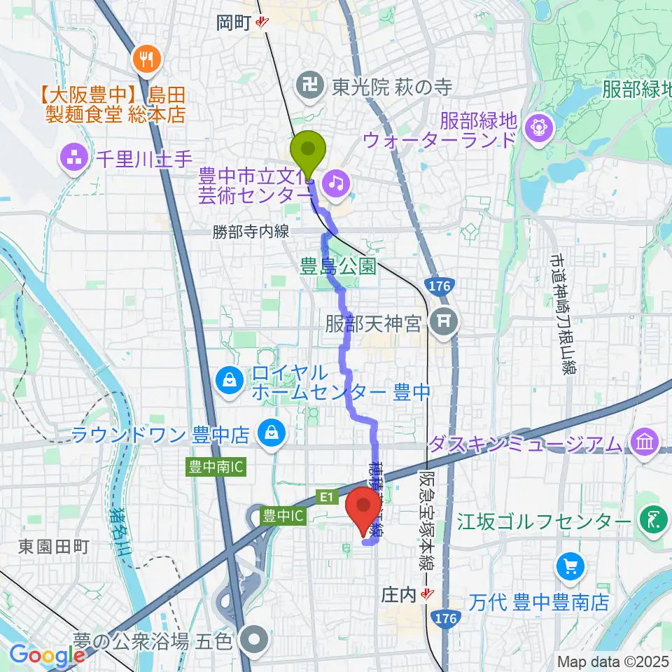 曽根駅から大阪音楽大学付属音楽院へのルートマップ地図