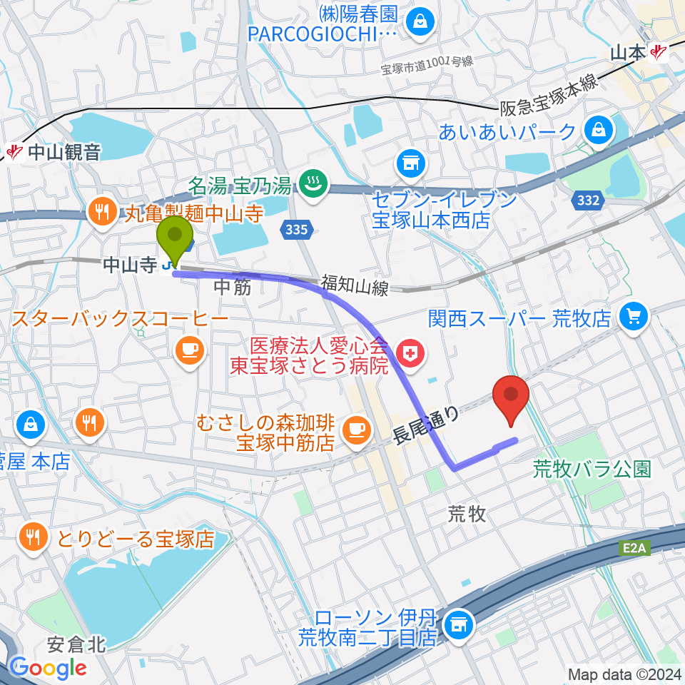 大阪芸術大学短期大学部メディア・芸術学科の最寄駅中山寺駅からの徒歩ルート（約17分）地図