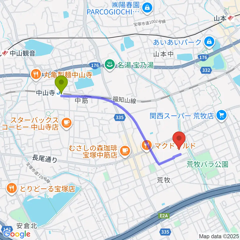 大阪芸術大学短期大学部メディア・芸術学科の最寄駅中山寺駅からの徒歩ルート（約17分）地図