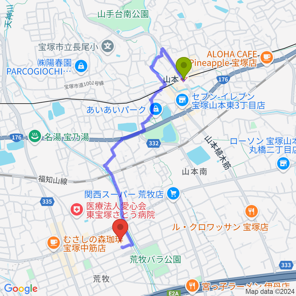 山本駅から大阪芸術大学短期大学部メディア・芸術学科へのルートマップ地図