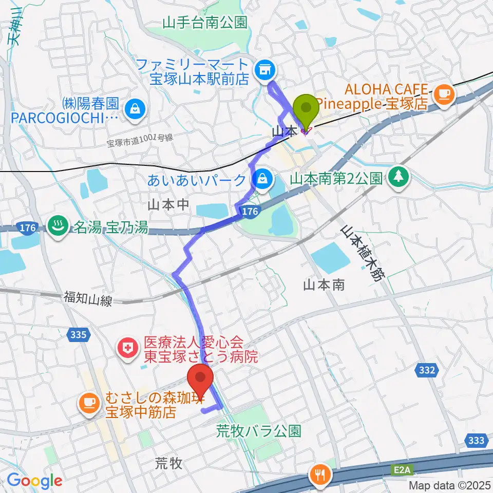山本駅から大阪芸術大学短期大学部メディア・芸術学科へのルートマップ地図