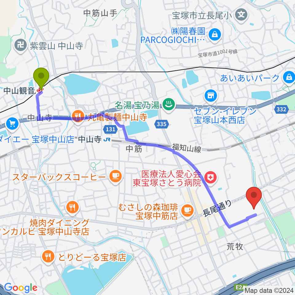 中山観音駅から大阪芸術大学短期大学部メディア・芸術学科へのルートマップ地図