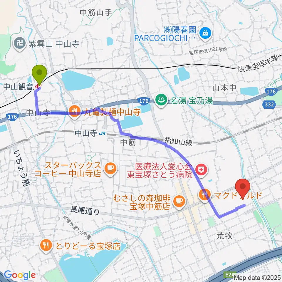 中山観音駅から大阪芸術大学短期大学部メディア・芸術学科へのルートマップ地図