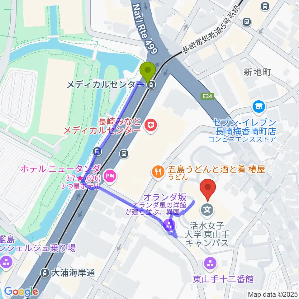 活水女子大学音楽学部の最寄駅メディカルセンター駅からの徒歩ルート（約4分）地図