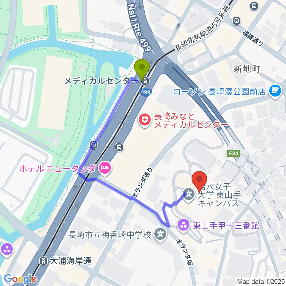 活水女子大学音楽学部の最寄駅メディカルセンター駅からの徒歩ルート（約4分）地図