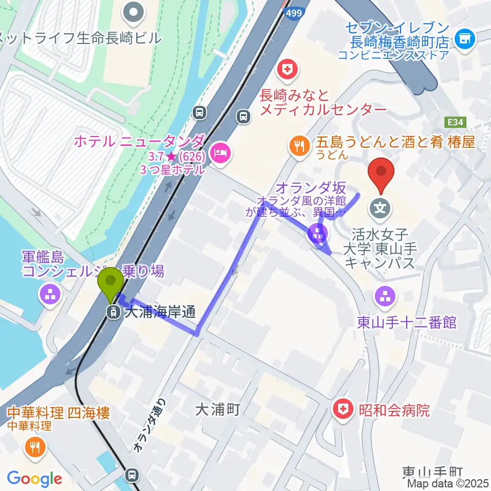 大浦海岸通駅から活水女子大学音楽学部へのルートマップ地図