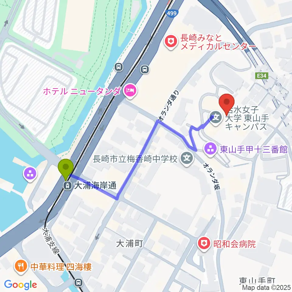 大浦海岸通駅から活水女子大学音楽学部へのルートマップ地図