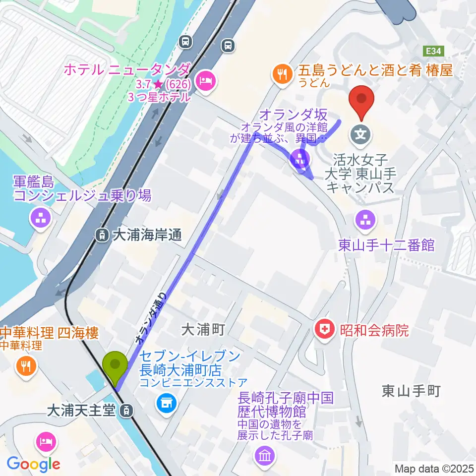 大浦天主堂駅から活水女子大学音楽学部へのルートマップ地図