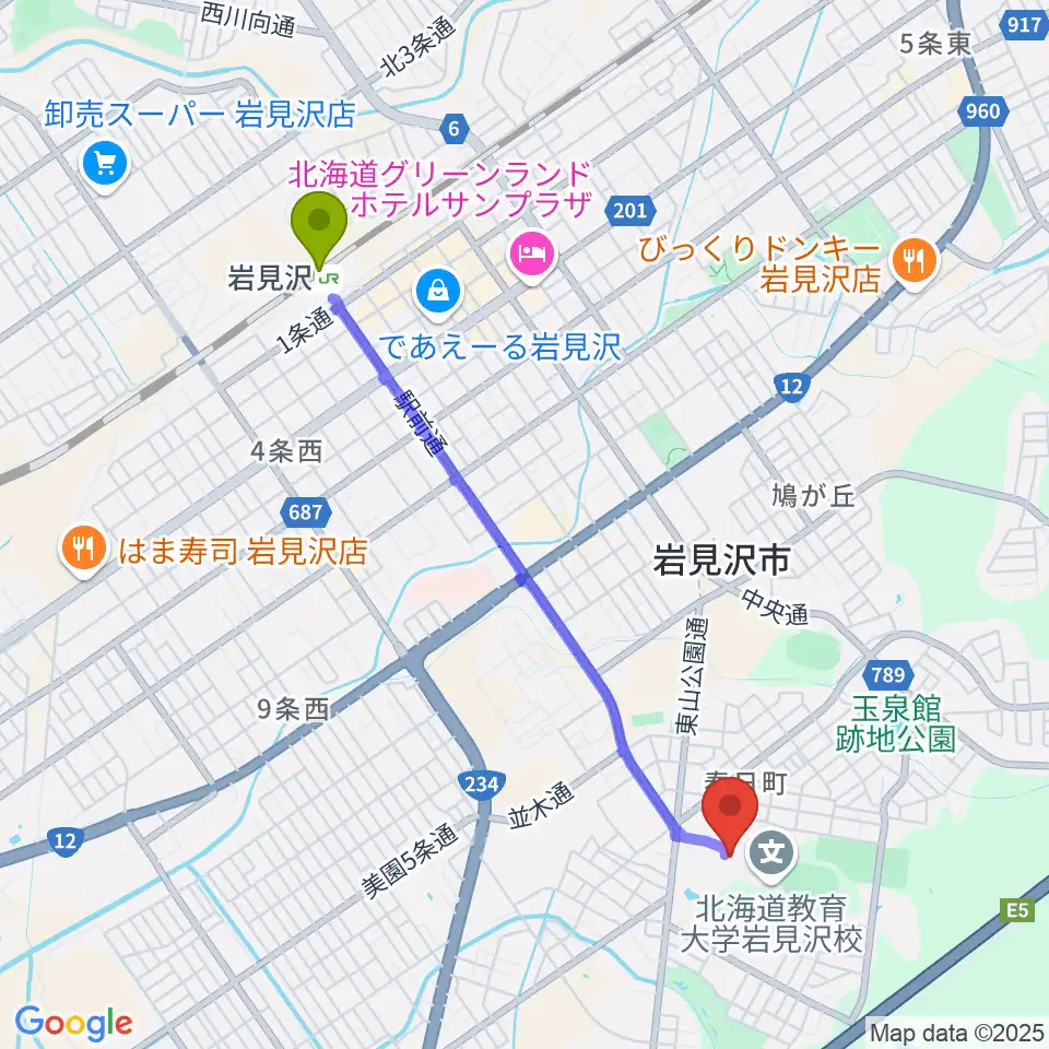 北海道教育大学 芸術・スポーツ文化学科の最寄駅岩見沢駅からの徒歩ルート（約38分）地図