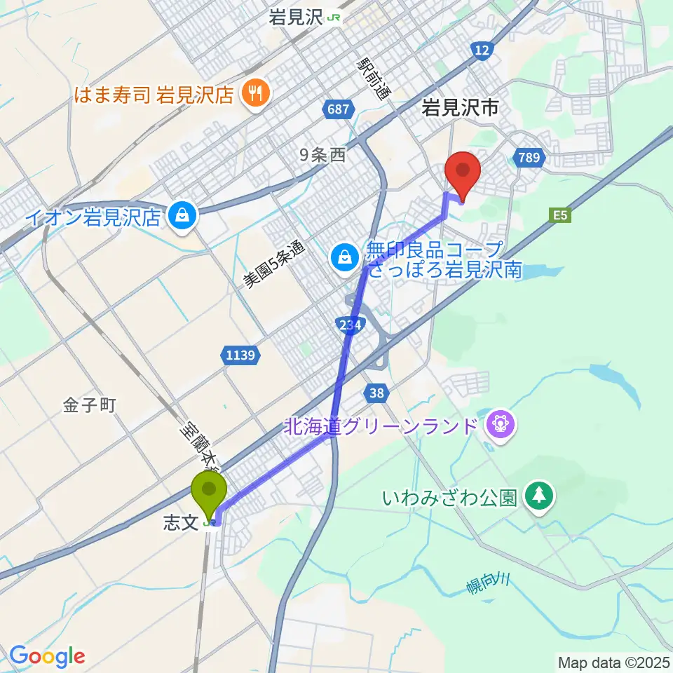志文駅から北海道教育大学 芸術・スポーツ文化学科へのルートマップ地図