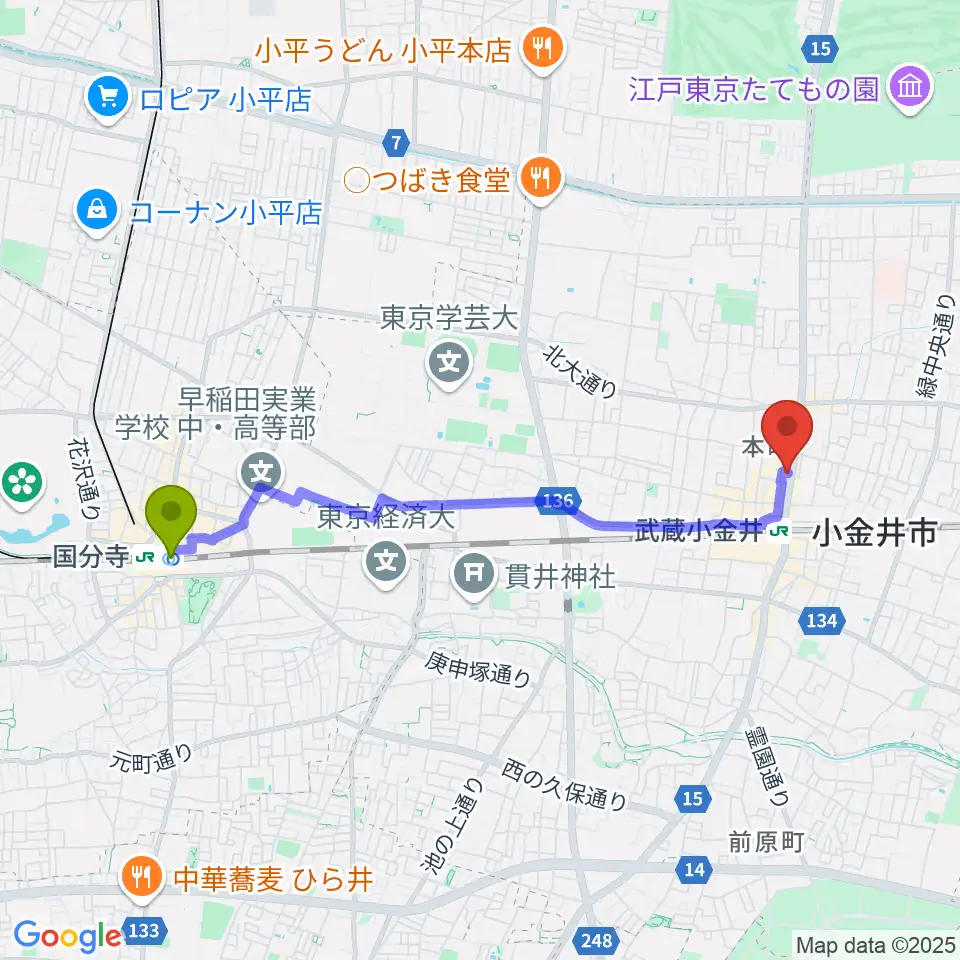 国分寺駅から武蔵小金井 studio34へのルートマップ地図
