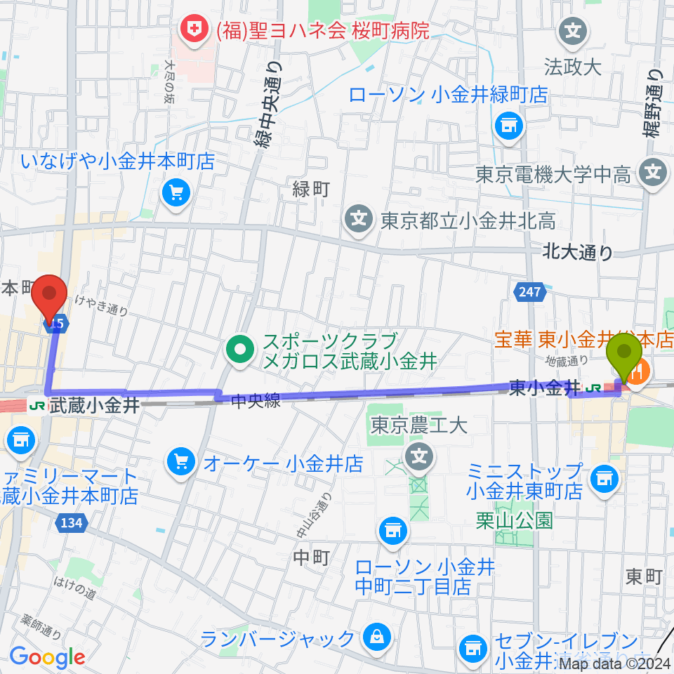 東小金井駅から武蔵小金井 studio34へのルートマップ地図