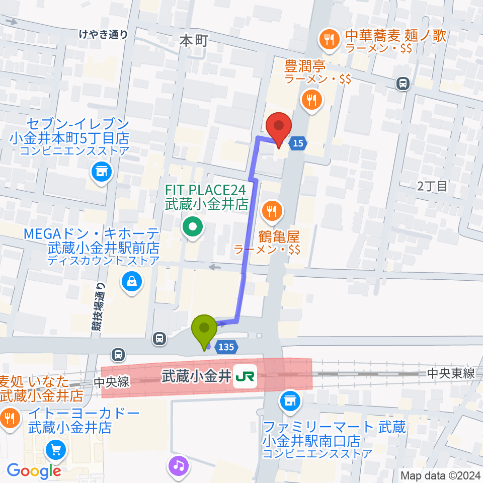 武蔵小金井 studio34の最寄駅武蔵小金井駅からの徒歩ルート（約3分）地図