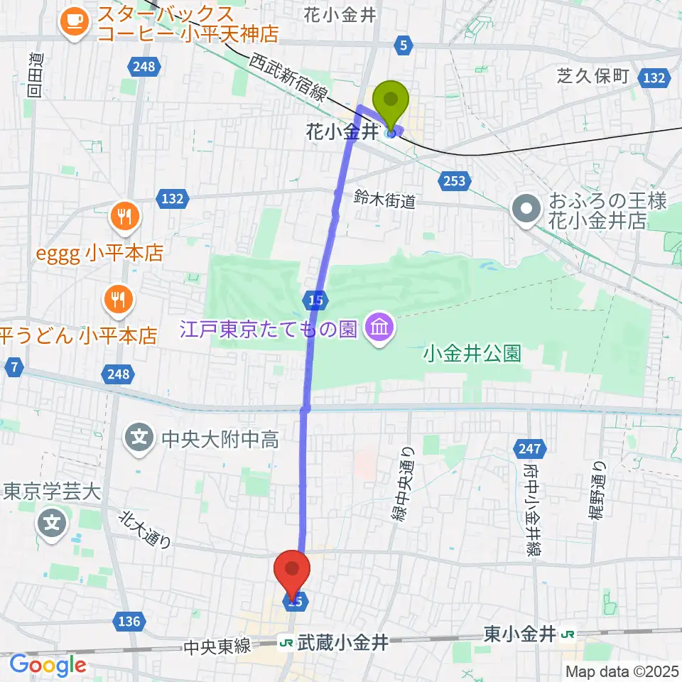 花小金井駅から武蔵小金井 studio34へのルートマップ地図