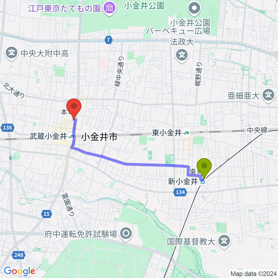 新小金井駅から武蔵小金井 studio34へのルートマップ地図