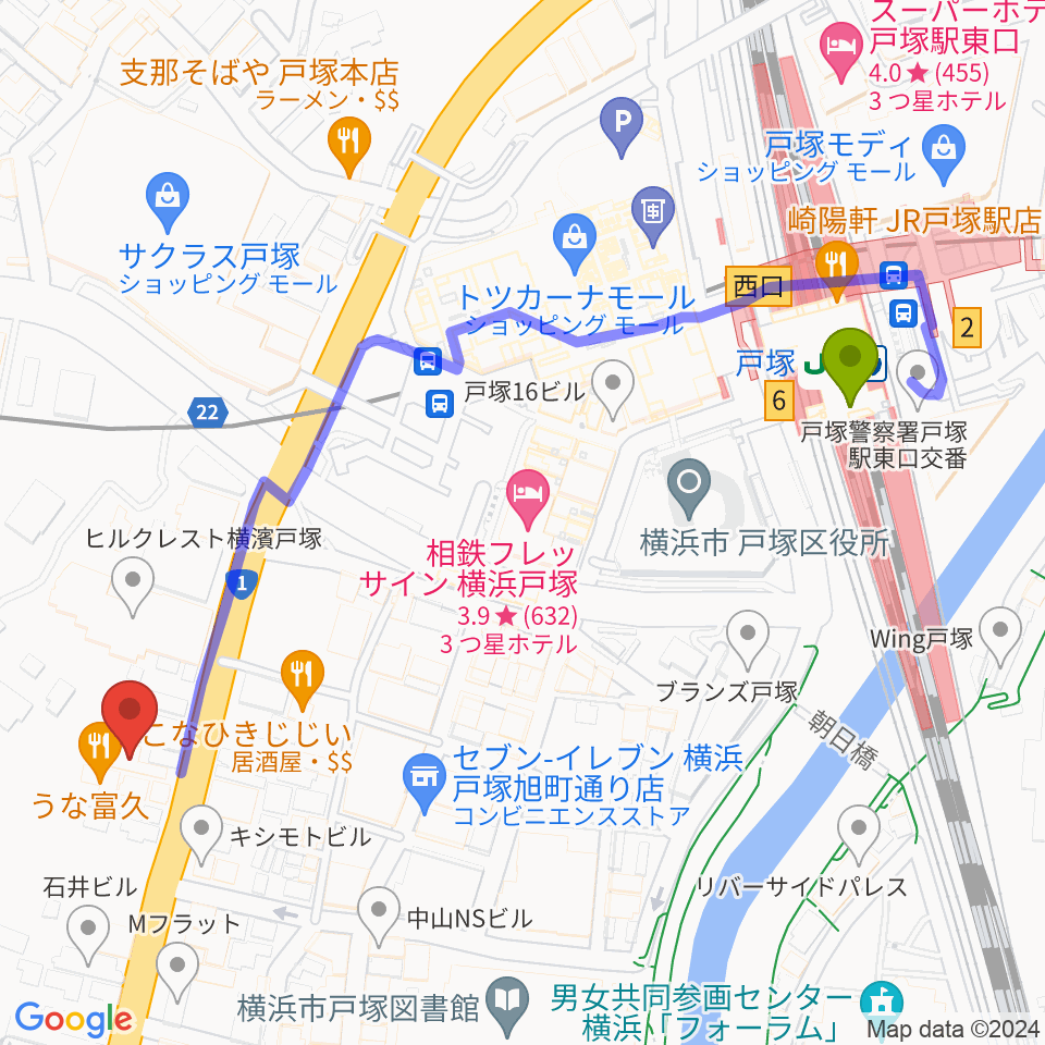 戸塚ファーストアヴェニューの最寄駅戸塚駅からの徒歩ルート（約6分）地図